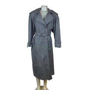 Jones New York Womens Gray Wool Belted Trench Coat Double-Breasted Plaid